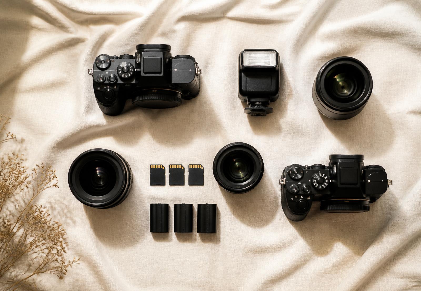 Professional camera bodies, prime lenses, flash and cards laid out on ivory linen