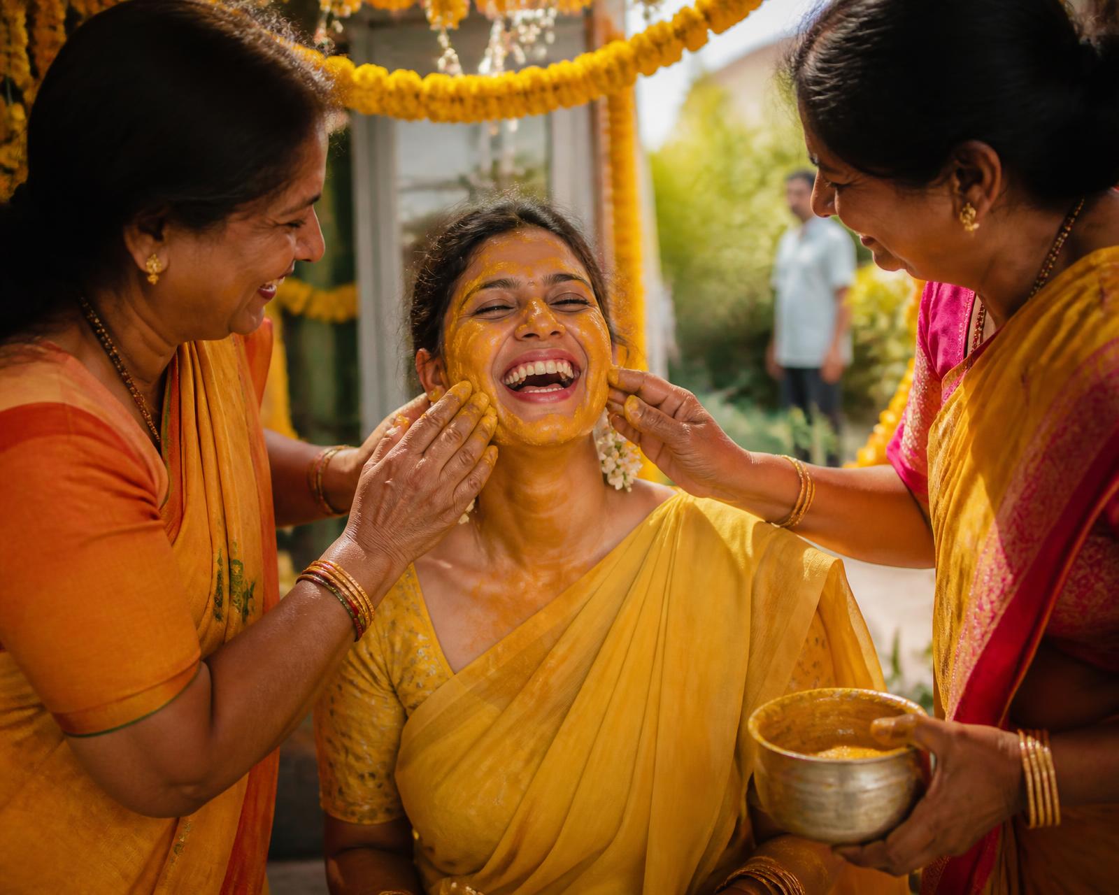 Bride laughing during her haldi ceremony in a Hyderabad courtyard
