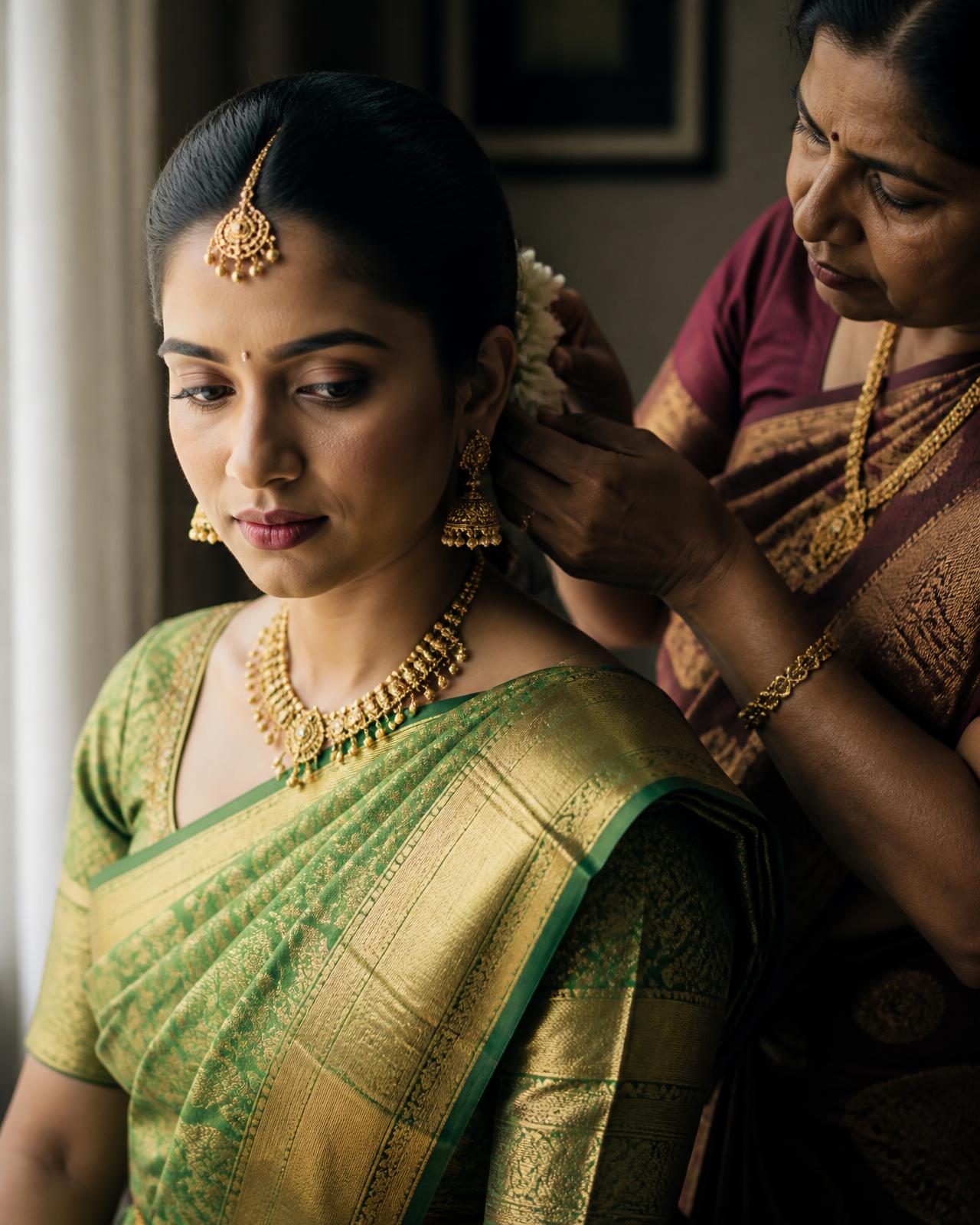 A mother pinning jasmine into her daughter's hair before the ceremony