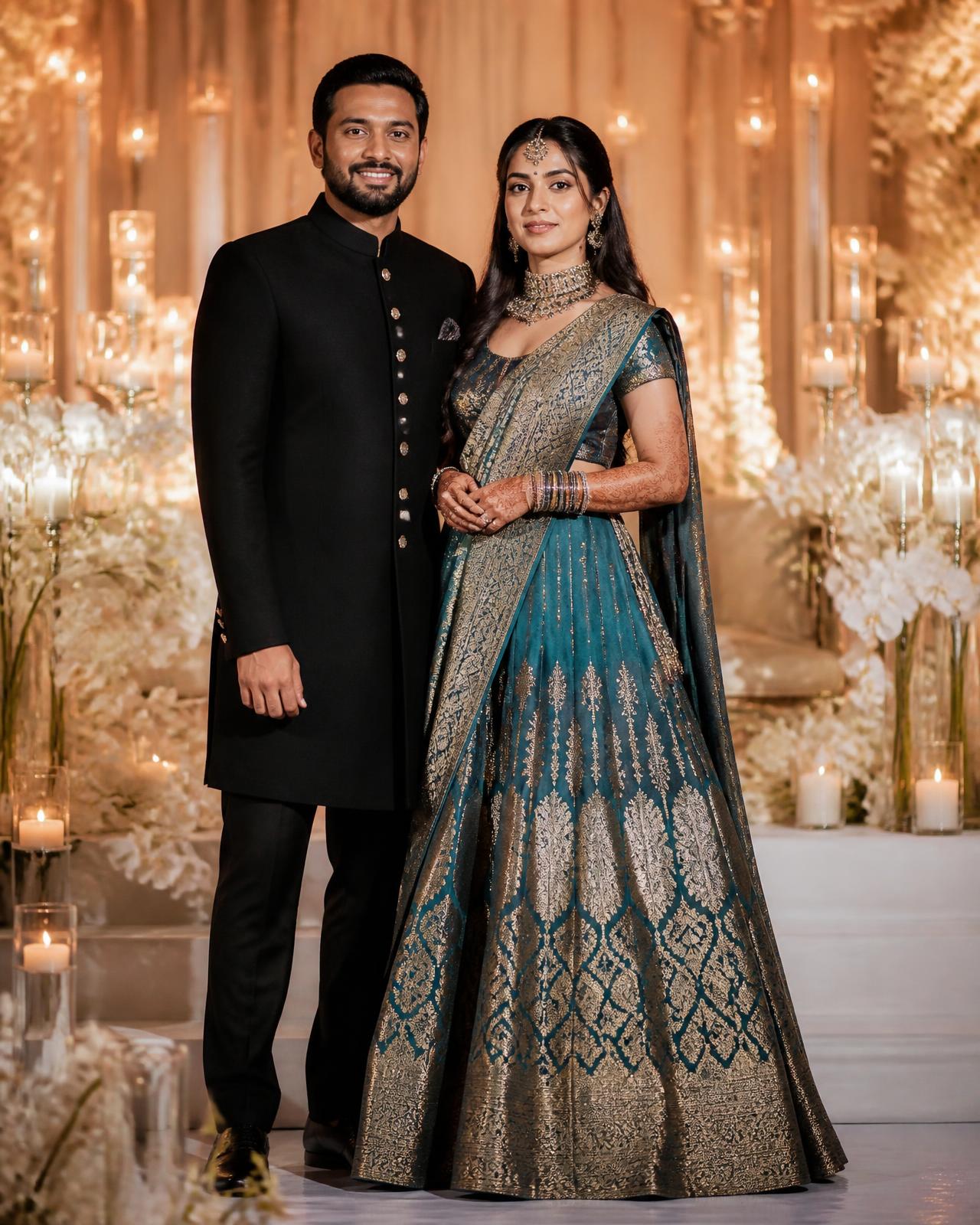 Bride and groom on a candlelit reception stage dressed in teal and gold